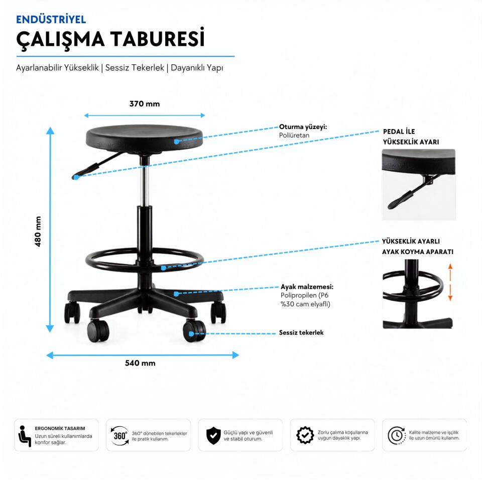 Endüstriyel Çalışma Taburesi (Tam Çember)